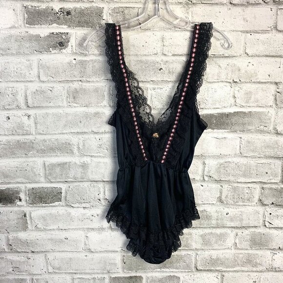 Vintage Dominique Black Satin Lace Teddy Romper Lingerie Bodysuit - Picture 5 of 11